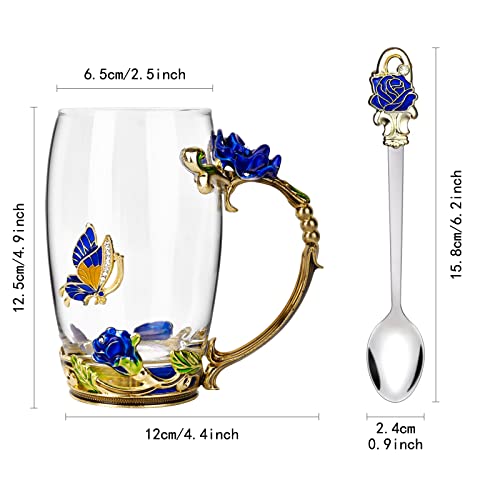 OEAGO Gifts for Mom Women Mothers Day Glass Coffee Enamels Mug Best Birthday Butterfly Rose Gifts for Her from Daughter Son Lead-Free Stocking Stuffers Christmas Blue Tea Cup with Spoon Set