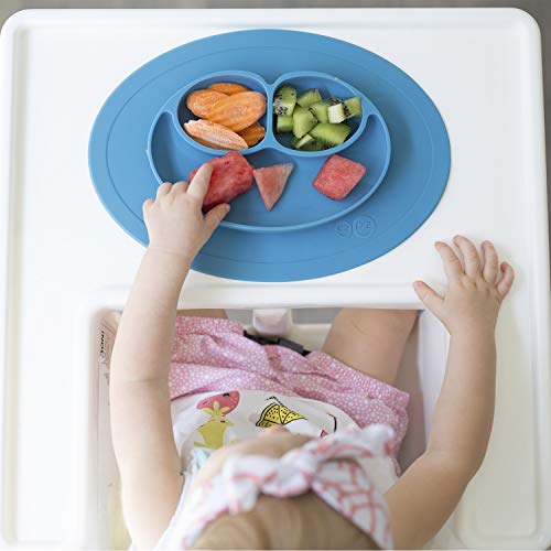 ezpz Mini Mat (Blue) - 100% Silicone Suction Plate with Built-in Placemat for Infants + Toddlers - First Foods + Self-Feeding - Comes with a Reusable Travel Bag
