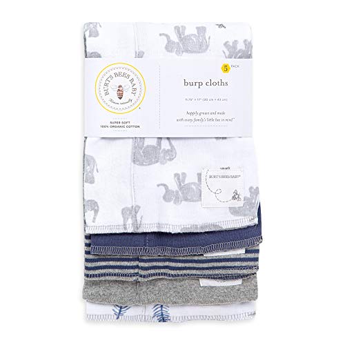 Burt's Bees Baby - Burp Cloths, 5-Pack Extra Absorbent 100% Organic Cotton Burp Cloths (Wandering Elephants)