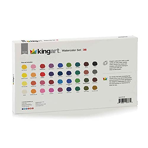 KINGART 511-36 W/Brush, Set of 36 Watercolor Paint Set, Assorted 36 Piece