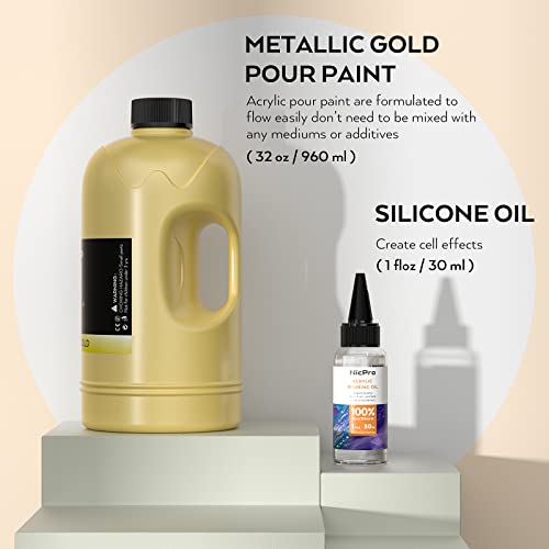 Nicpro Gold Metallic Acrylic Pour Paint, 32 Ounce Pre-Mixed Pouring Paint Supplies with Silicone Pour Oil & Gloves for Canvas, Rock, Wood Cell Creation Flow DIY Art Painting, Ready to Pour