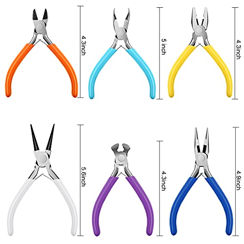 6 Pieces Jewelry Making Pliers Tools Set with Diagonal Nose Pliers, Needle Nose Pliers, Round Nose Pliers, Curved Nose Pliers, Long Nose Pliers, Flat Nose Pliers for DIY Jewelry Tools (Colorful)