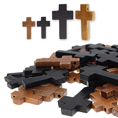 Fun-Weevz 40 PCS Assorted Wood Cross Pendants for Jewelry Making Adults, Wooden Crosses for Crafts, 2 sizes Pocket Crosses in Bulk, Cross Charms for Religious Sunday School DIY Craft
