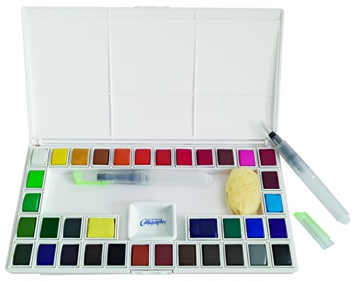 Jerry Q Art 36 Assorted Water Colors Travel Pocket Set- Two Refillable Water Brush with Sponge - Easy to Blend Colors - Porcelain Mixing Tray - Perfect for Painting On The Go JQ-136