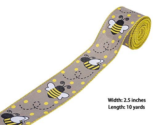 ATRBB Honey Bee Wired Edge Ribbon, Cute Honeybee and Polka Dot Print Ribbon for Wreaths, Gift Wrapping and Party Decoration, 10 Yards by 2.5 Inches