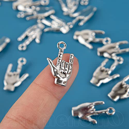 Framendino, 100 Pack Silver I Love You Hand Sign Charms Pendants Gesture DIY Pendant Alloy Charm for DIY Necklace Bracelet Jewelry Making