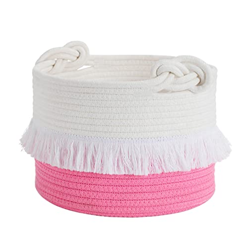 CherryNow Small Rope Basket – 9.5'' x 7'' Pink Decorative Woven Basket for Nursery, Toys, Blankets, Books and Keys, Cute Tassel Decor for Girl - Home Storage Container