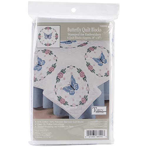 Tobin Butterfly/Rose Stamped for Embroidery Quilt Blocks, White