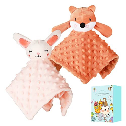 Cute Castle Security Blanket Baby Gifts Box - Soft Unisex Newborn Essentials for Boys and Girls - Neutral Baby Stuff Snuggle Cloths - Baby Registry Search Shower Gifts (Pink Rabbit and Fox)