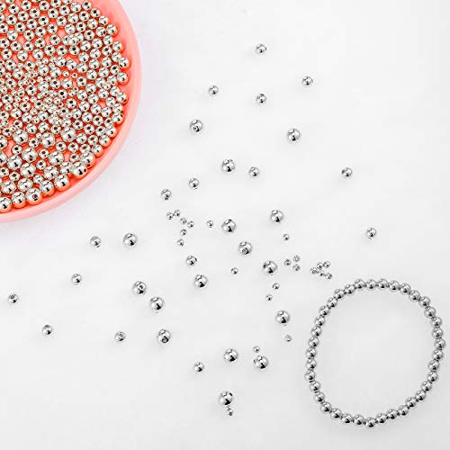 1200 Pieces Round Beaded Spacer Beads Seamless Smooth Loose Ball Beads for Stackable Bracelet Jewelry Craft Making, 8 mm, 6 mm, 4 mm (Silver)