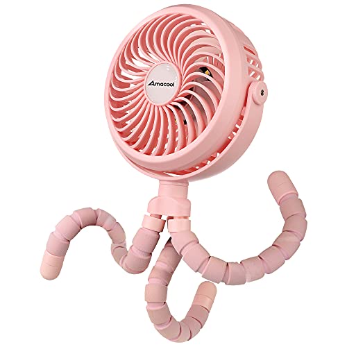 AMACOOL Battery Operated Stroller Fan Flexible Tripod Clip On Fan with 3 Speeds and Rotatable Handheld Personal Fan for Car Seat Crib Bike Treadmill (Pink)