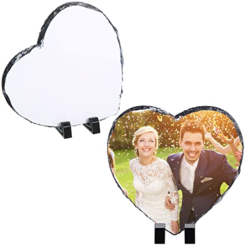 2 Pieces Sublimation Blank Slate Rock Stone Customized Heart Shaped Photo Frame with Display Holder Heat Transfer Heart Picture Frame for Heat Press Machine (7.9 x 7.9 Inch)