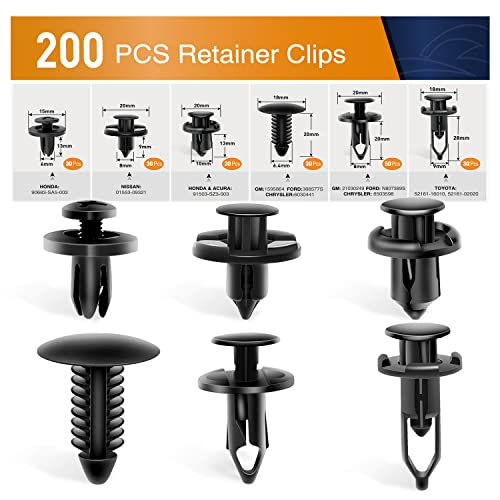 GOOACC - GRC-47 Universal Plastic Fender Clips,200 Pcs Push Bumper Fastener Rivet Clips with 6 Size Auto Body Retainer Clips Bumpers,Car Fender Replacement for GM, Ford & Ch