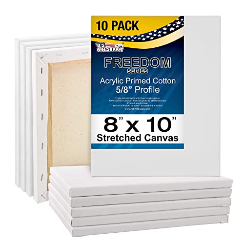 U.S. Art Supply 8 x 10 inch Stretched Canvas Super Value 10-Pack - Triple Primed Professional Artist Quality White Blank 5/8" Profile, 100% Cotton, Heavy-Weight Gesso - Acrylic Pouring, Oil Painting