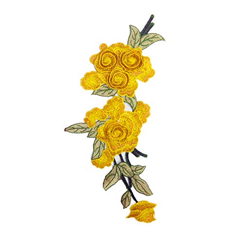 MSCFTFB 4 Pieces 3D Long Rose Flower Embroidered PatchSew on Patches Applique Sewing Crafts Kit for Clothes Jeans Jackets Bags DIY Embellishments Decorations (Yellow)