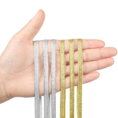 WILLBOND 2 Rolls Silver and Gold Elastic Bands for Sewing 1/4 Inch 6 mm by 20 Yard Braided Band Heavy Stretch Strap Cord Glitter Metallic Flat Elasticity Knit Ribbon Crafting