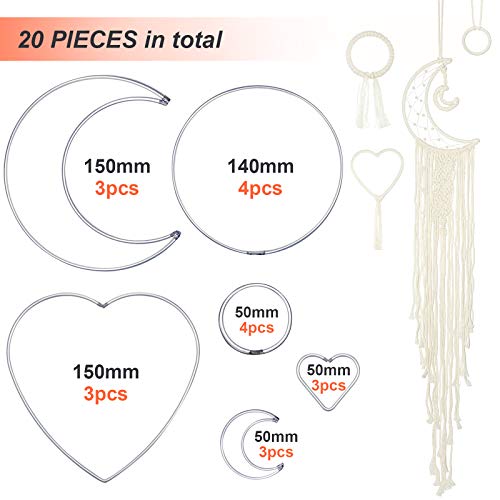 20 Pieces Metal Dream Catcher Rings Circle Heart Moon Shaped Catcher Rings Macrame Hoop Rings for DIY Crafts Wedding Wreath Wall Hanging Decor