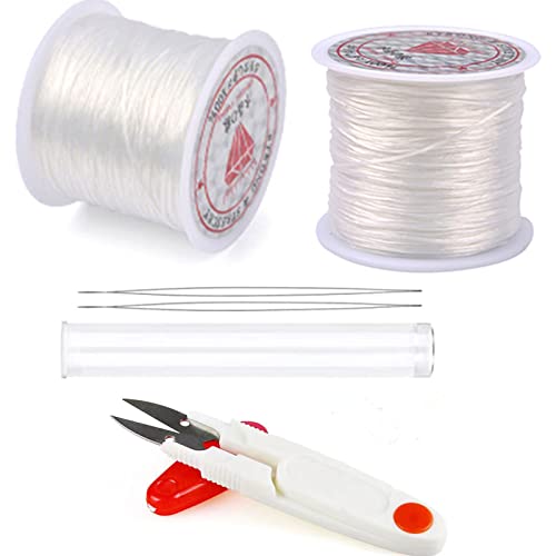 String for Bracelet Making 0.8mm , 2 Rolls of 100m Flat Crystal (White) Thread Nylon Cord forJewelry Making Clear Stretchy String for Bracelets Necklace 2pcs Beading Needles and a Scissors