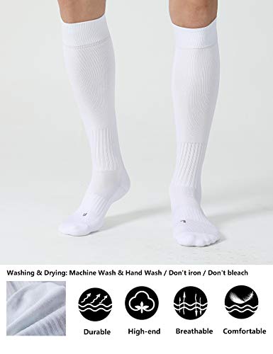 CelerSport 3 Pack Soccer Socks for Youth Kids Adult Over-The-Calf Socks with Cushion, White (3 Pack), X-Small