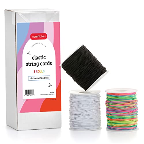 Incraftables Elastic String Cord Set of 3 Rolls (White, Black & Rainbow). Best 1mm Thick Stretchy Cording Set for DIY Bracelet, Jewelry, Necklace & Bead Making (Each Roll - 100 meters / 328 feet Long)