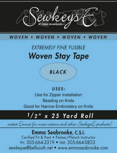 Black - 1/2" Woven Stay Tape - 0.5" X 25 Yards SewkeysE Extremely Fine Fusible Tape Sold by The 25 Yard Roll (SST-01) M494.10