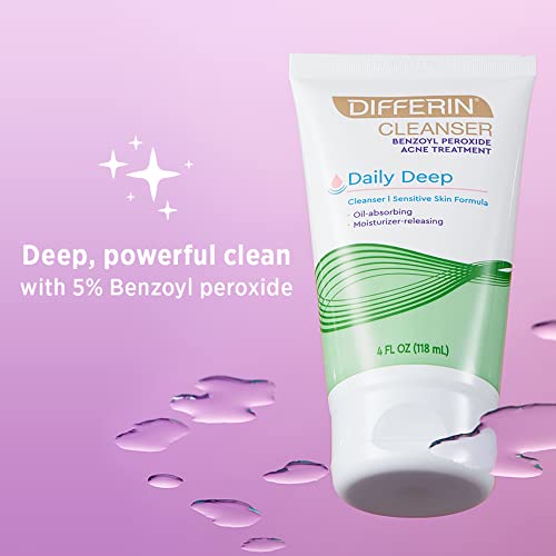 Acne Face Wash with Benzoyl Peroxide by the makers of Differin Gel, Daily Deep Cleanser, Gentle Skin Care for Acne Prone Sensitive Skin, 4 oz