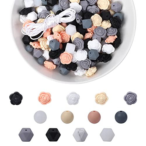 200pcs Silicone Beads for Keychain Making DIY Necklace Bracelet Jewelry Silicone Accessories 100 Pieces Round 12 mm Silicone Beads Bulk and 100 Pcs Polygonal and Rose Beads with 5M Rope Classic