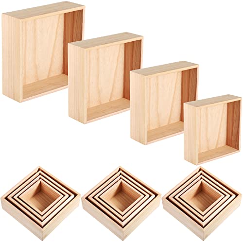 Yookeer 16 Pcs Unfinished Wooden Boxes 4 Size Wood Box Rustic for Crafts Crates Square Storage Centerpiece Table Home Drawer Decor Treasure, x 4, 5 5, 6 6, 7 Inch (Wooden box)
