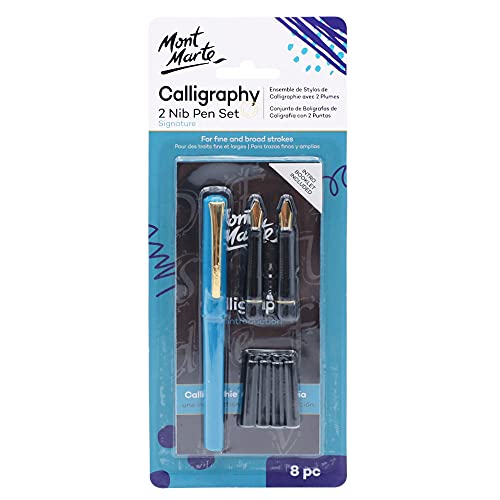 Mont Marte 2 Nib Calligraphy Set, 8 Piece. Includes 1 Calligraphy Pen, 2 Calligraphy Nibs, 4 Black Ink Cartridges and an Instruction Booklet with Practice Sheets.