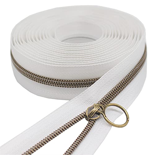 YaHoGa #5 Antique Brass Metallic Nylon Coil Zippers by The Yard Bulk White Tape 10 Yards with 20pcs Sliders for DIY Sewing Tailor Craft Bag (Anti-Brass White)