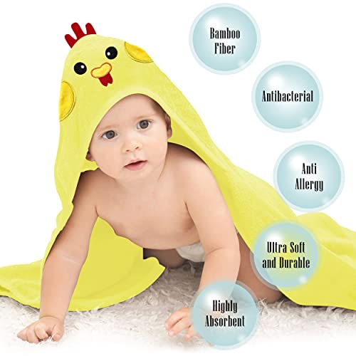 Cute Castle 2 Pack Bamboo Hooded Baby Towel 8 Washcloths - Soft Bath Towel for Bathtub for Babie, Newborn, Infant - Ultra Absorbent, Natural Baby Stuff Towel for Boy and Girl (Bear and Chicken)