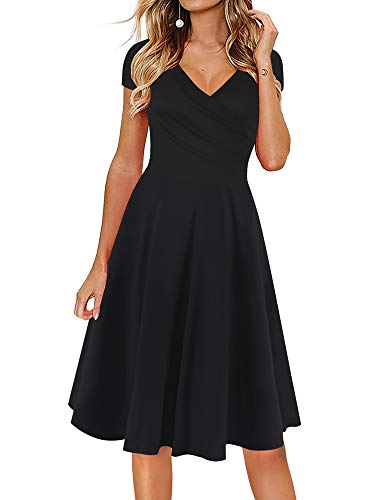 oxiuly Women's Criss-Cross Necklines V-Neck Cap Sleeve Floral Casual Work Stretch Swing Summer Dress OX233 (L, Black Solid)