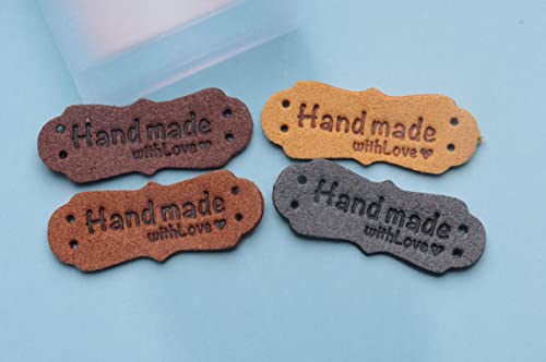 20 Pcs Handmade with Love Leather Labels with Hole 4.2 X 1.5 cm Small Multi Color Microfiber Embossed Crochet Tags for Art Crafting Knitting Sewing Hats Purses Clothing