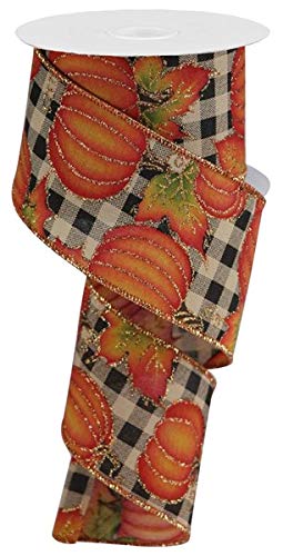 Glitter Pumpkin with Leaves on Check Wired Edge Ribbon, 10 Yards (Beige, 2.5 Inch)