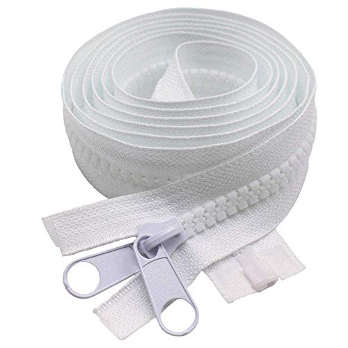 MebuZip #10 114 Inch Heavy Duty Separating Plastic Zippers with Double Pull Tab Zipper Sliders Vislon Zippers for Sleeping Bag, Boat, Canvas, Cover, Trampoline, Dog Bed, Tent (White)