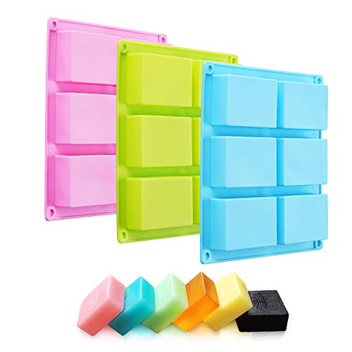 TDHDIKE 3 Pack Silicone Soap Molds(Blue & Pink & Green), 6 Cavities Silicone Baking Mold DIY Handmade Soap Making, Muffin, Loaf, Brownie, Cornbread and More