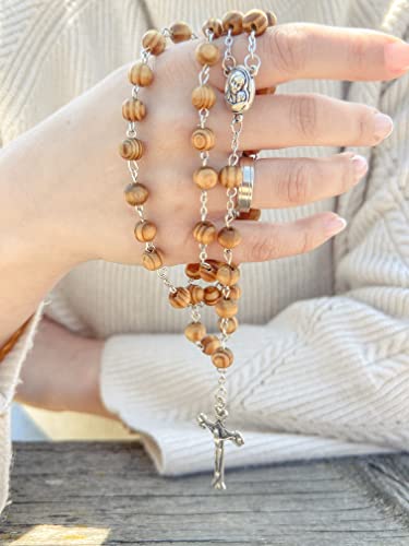 Nazareth Store Catholic Prayer Rosary Olive Wood Beads Necklace Holy Soil Medal with Cross Crucifix - in Velvet Bag