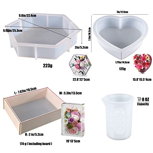 MOEYURO 3Pcs Resin Molds for Flower Preservation Kit Large Resin Molds with Measuring Cups Heart Resin Mold Rectangle Silicone Mold Hexagon Resin Molds for Resin Casting Resin DIY,Wedding,Home Decor