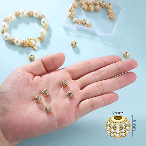 40 Pcs 8mm/10mm Gold Rhinestone Beads Round Zirconia Spacer Beads Bracelet Charms Cubic Beads for Jewelry Making Disco Ball Loose Beads for DIY Necklace Earrings Crafts (Gold, 8 mm)
