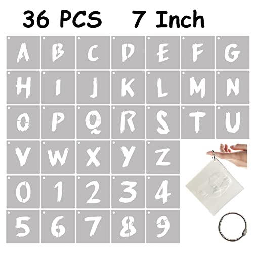 7 Inch Letter Stencils 36 PCS Alphabet Number Templates with Calligraphy Font, Reuseable Plastic Art Craft Stencils Cursive Letter Number Stencils for Painting on Wood