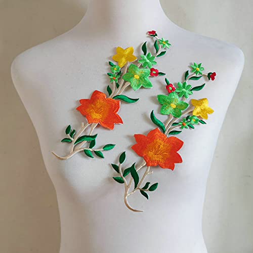 2 Slices New Narcissus Flower Applique Clothing Embroidery Patch Fabric Sticker Iron On Sew On Patch Craft Sewing Repair Embroidered（Orange Yellow）