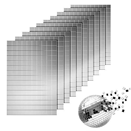 1500 Pieces Mini Square Glass Mirrors Mosaic Tiles, BENBO Self Adhesive 10mm Disco Ball Mirror Tiles Mirror Mosaic Stickers Glass Tiles Disco Mirror Sheets for DIY Craft Decoration