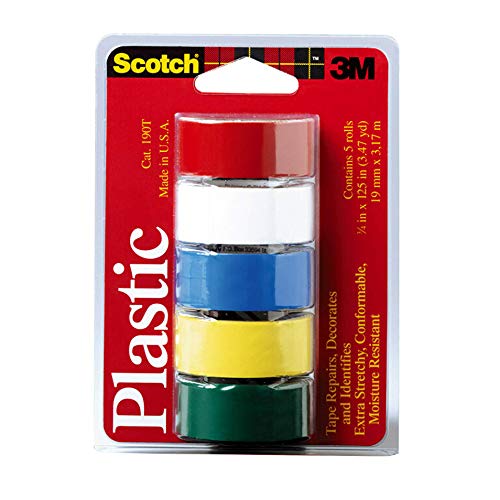 Scotch 190T Plastic Tape, 3/4 inches by 125 inches, Red, White, Blue, Yellow & Green, 5 Rolls, 75" Width, Multi-Color Pack, 10 Foot