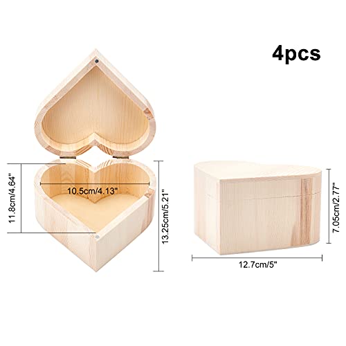 OLYCRAFT 4PCS Unfinished Wooden Box Unpainted Heart-Shaped Wooden Box Pine Storage Box Natural Wood Box with Iron Findings for Crafting Making Jewelry Box, 5x5.2 Inch