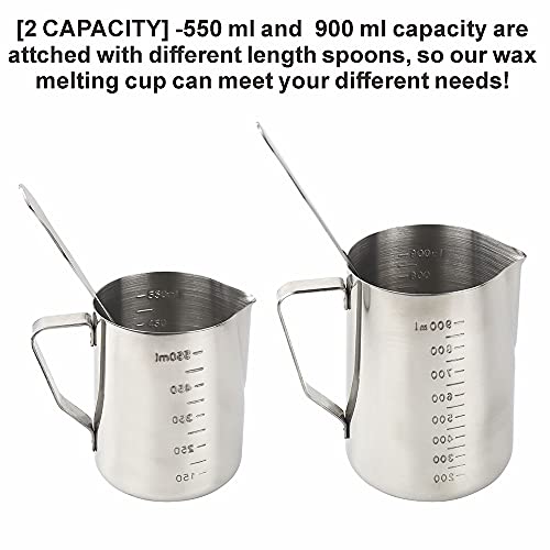 2Pack Candle Making Pouring Pot with 2 Long Spoons, Candle Wax Melting Pot Measuring Cups Stainless Steel Candle Making Wax Pouring Pot Pitcher, Dripless Pouring Spout(600ml, 900ml)