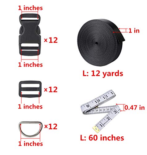 12 Yards Black Nylon Heavy Webbing Straps with 12 Set Plastic 1 Inch Flat Side Release Buckles, Tri-Glide Slides and D Rings for DIY Making Luggage Strap, Pet Collar, Backpack Repairing