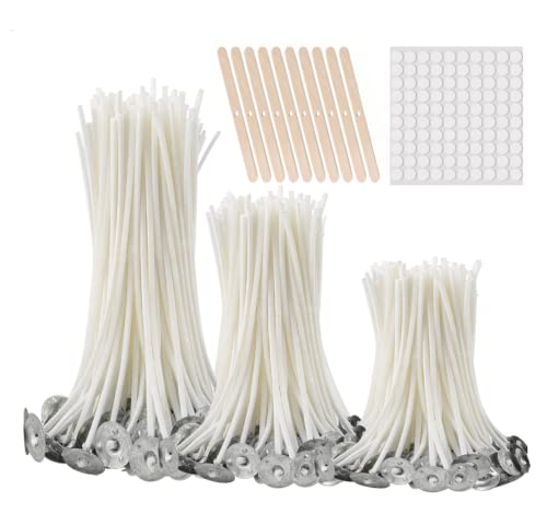 Buluker300Pcs Functional Smokeless Candle Wicks,100pcs Wicks Sticker, Pre-Waxed Cotton Core Wicks with Metal Sustainer Tabs for Pillar Candle Making and Candle DIY, 9cm/3.5in,15cm/6in,20cm/8in