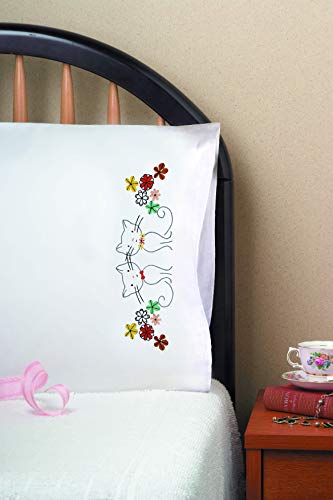 Tobin Stamped Pillowcase Pair for Embroidery, 20 by 30-Inch, Retro Cats - 407347