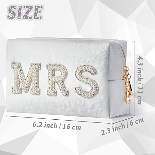 Y1tvei Bride Patch MRS Varsity Letter Cosmetic Toiletry Bag Pearl Rhinestone Letter Patches Bling Small White Makeup Bag PU Leather Waterproof Portable Zipper Purse Travel Organizer for Women Girls