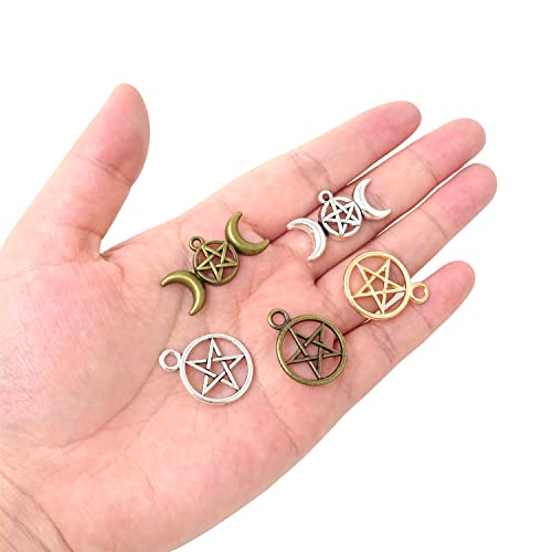 Honbay 50PCS Alloy Pentagram Crescent Moon Charms Pentacle Star Charms Pendant Lucky Witch Pendants for Earring Necklace Bracelet Jewelry Making and Crafting (2 Style)